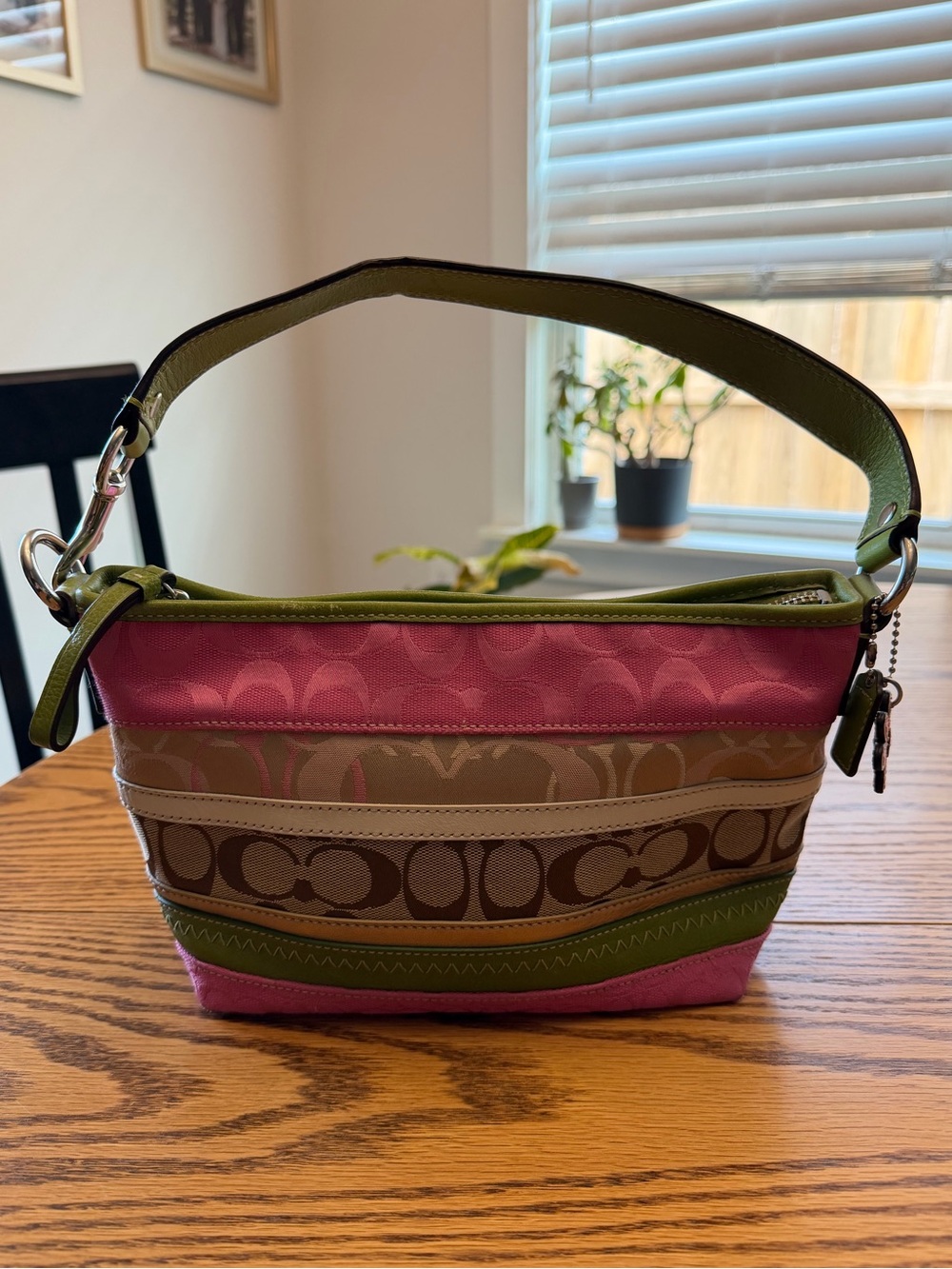 RARE Coach Y2K Bleeker Daisy Pink and Green Signature Stripe Mini Shoulder Bag